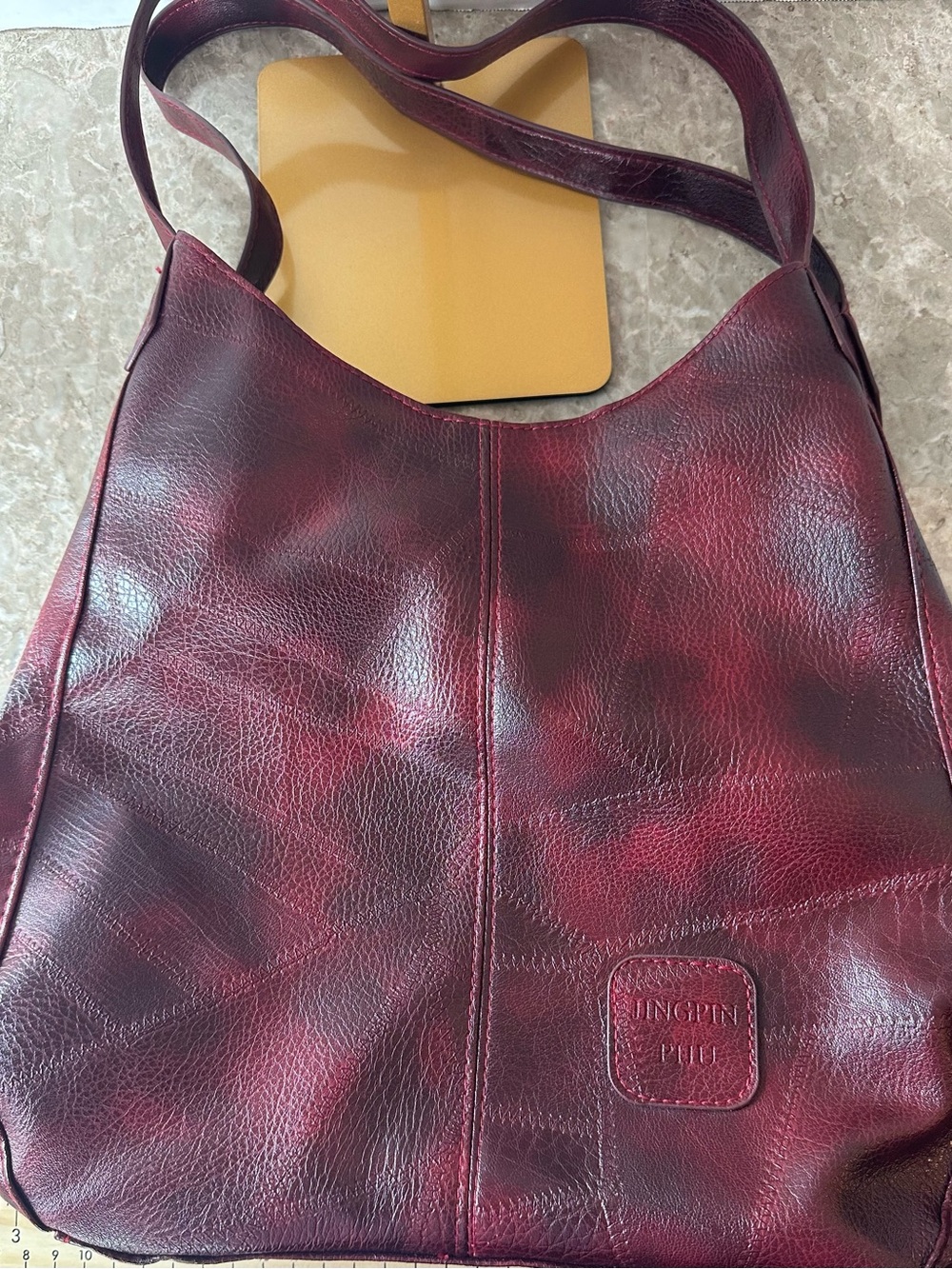 Burgundy Patchwork Hobo Bag Slouchy Vegan Leather Shoulder Purse Y2K Goth Grunge - Picture 12 of 14
